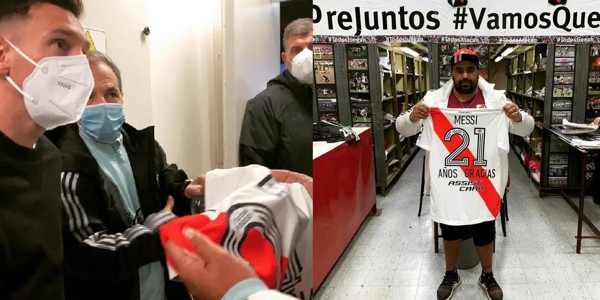 En su visita al Monumental, un utilero del club de Núñez le hizo un regalo especial a Leo.