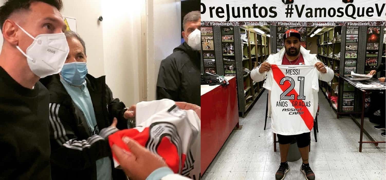 En su visita al Monumental, un utilero del club de Núñez le hizo un regalo especial a Leo.