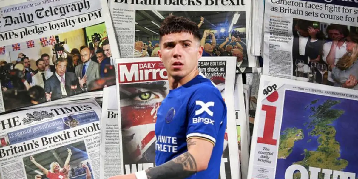 Enzo Fernández con la camiseta actual del Chelsea, delante de diarios ingleses.