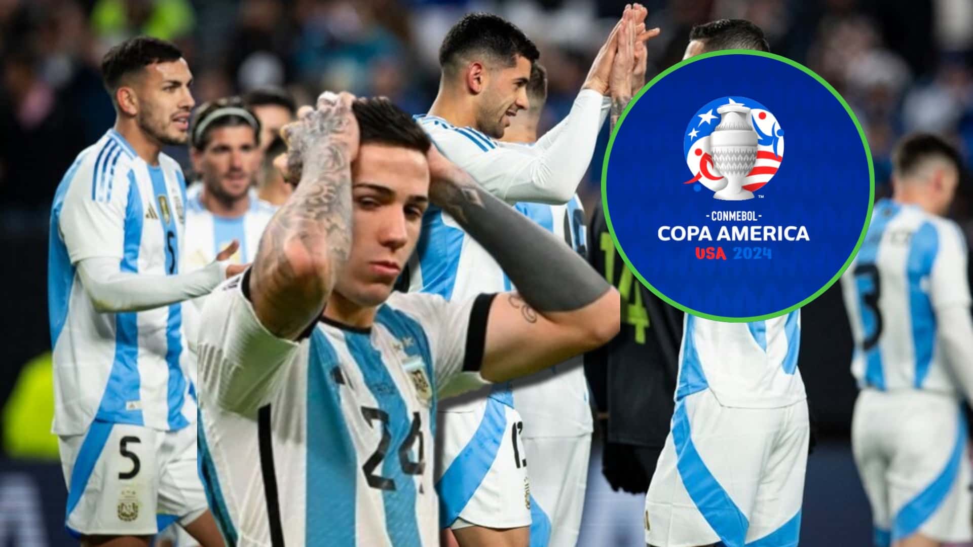 Enzo Fernández se toma la cabeza durante un partido de Argentina.