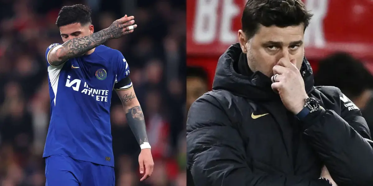 Enzo Fernández y Mauricio Pochettino en la derrota de Chelsea contra Arsenal