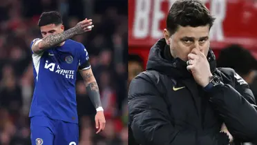 Enzo Fernández y Mauricio Pochettino en la derrota de Chelsea contra Arsenal