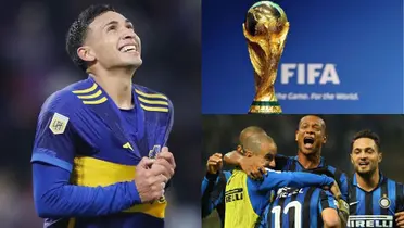 Equi Fernández se toma la camiseta de Boca durante un partido. A su lado un festejo de gol en Inter.