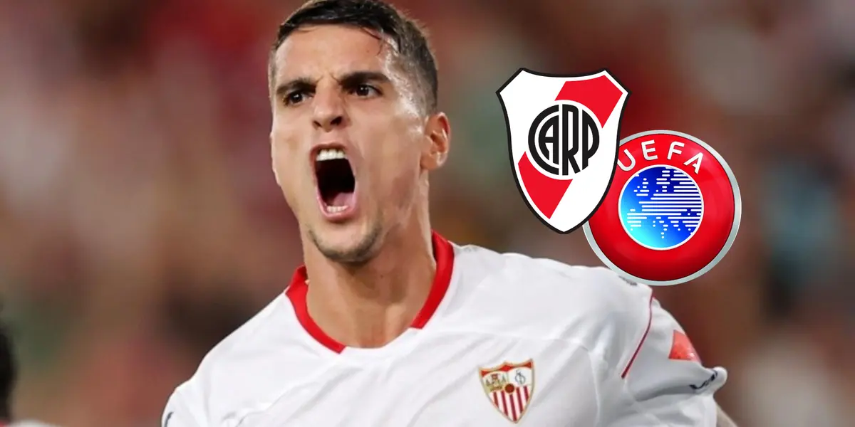 Erik Lamela grita un gol con la camiseta del Sevilla.