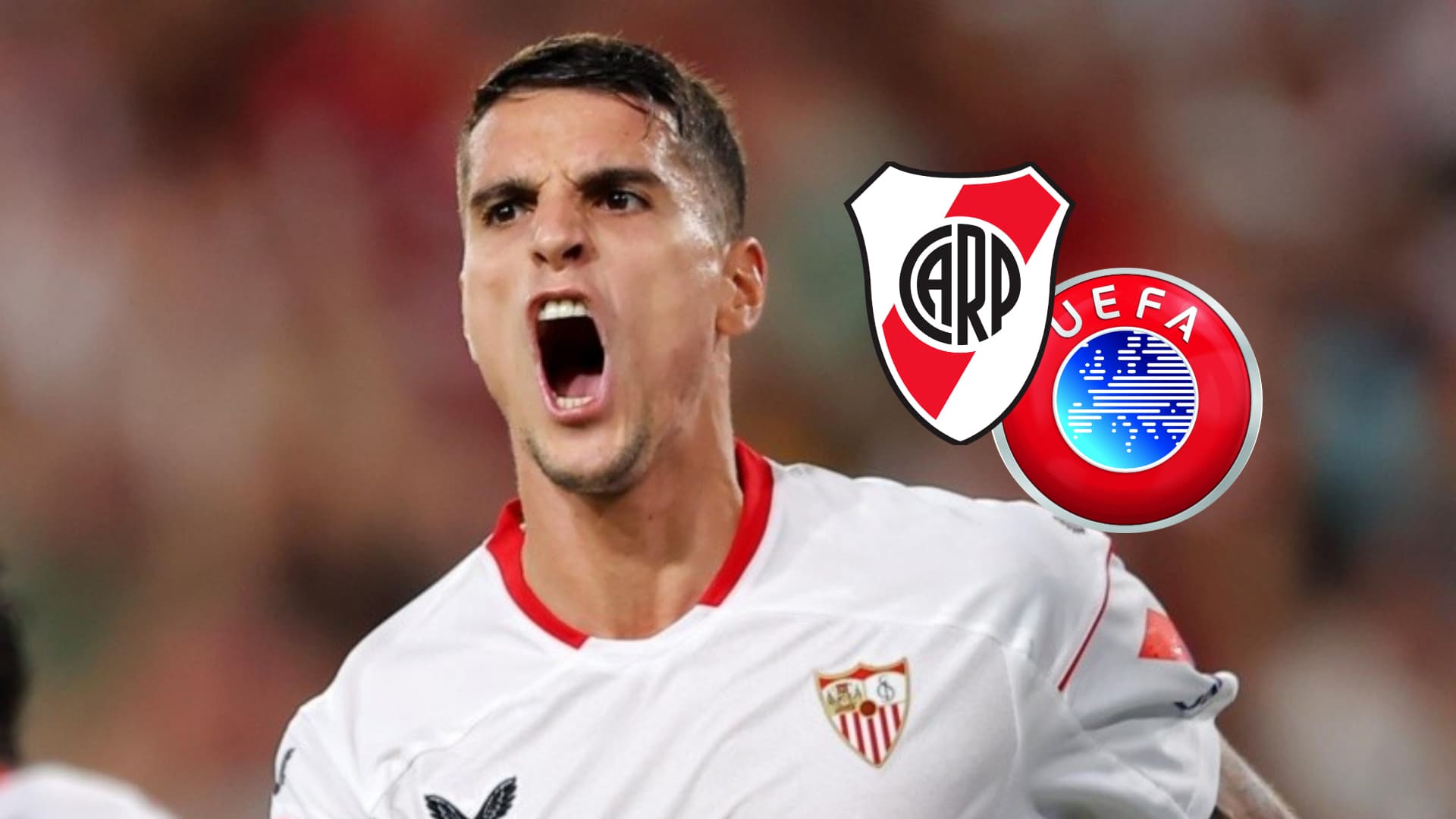 Erik Lamela grita un gol con la camiseta del Sevilla.