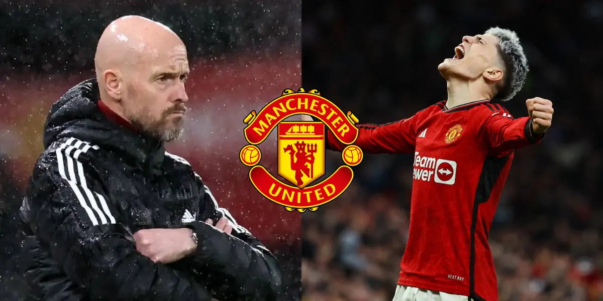 Erik Ten Hag bajo la lluvia y Alejandro Garnacho festejando con Manchester United