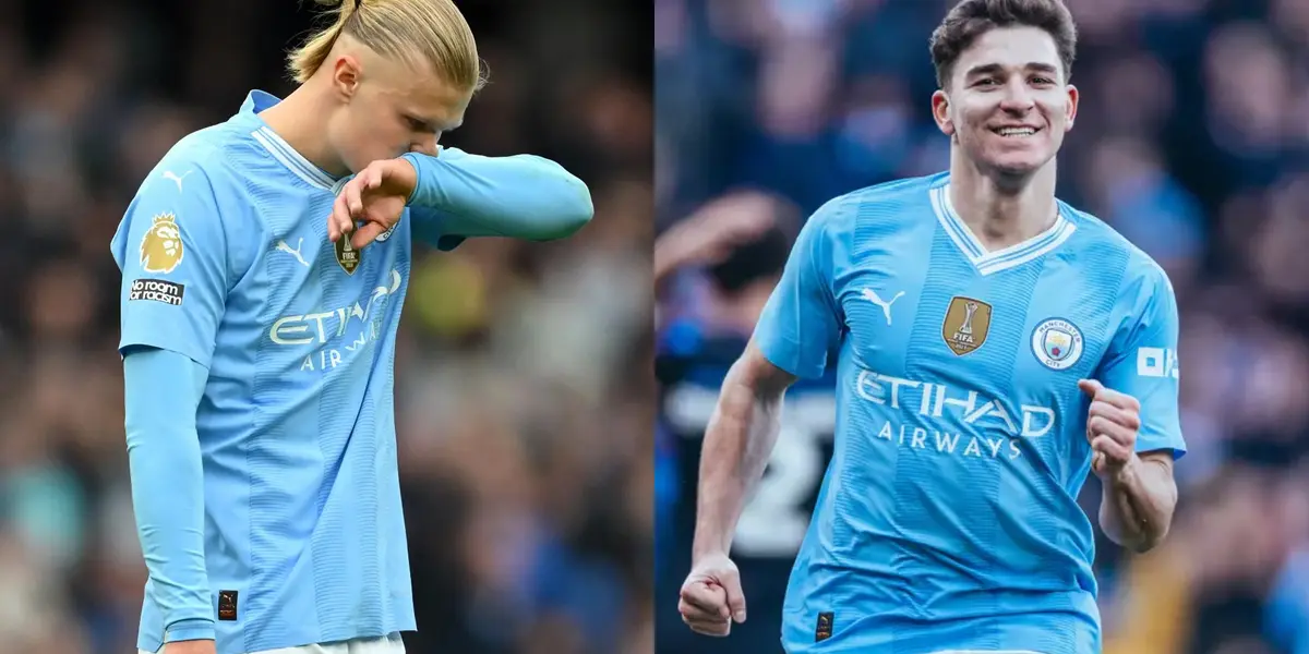 Erling Haaland cabizbajo y Julián Álvarez feliz en Manchester City