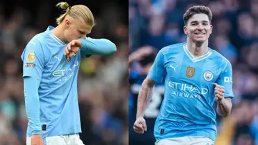 Erling Haaland cabizbajo y Julián Álvarez feliz en Manchester City