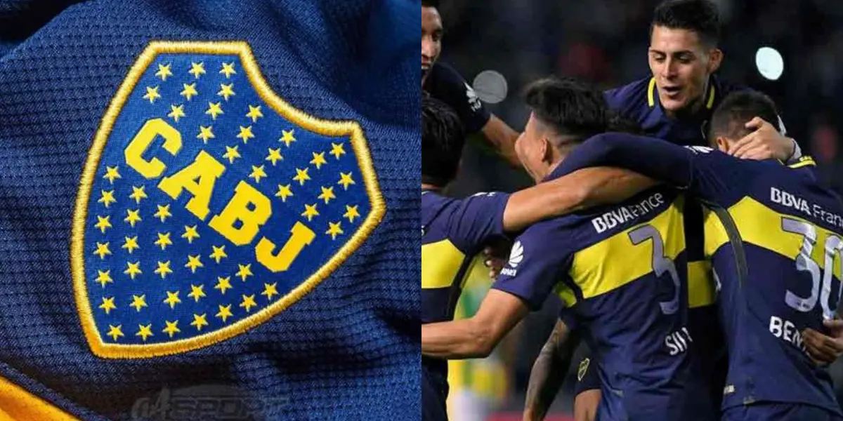 Escudo de Boca del 2017 junto a parte del plantel de ese entonces.