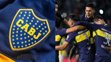 Escudo de Boca del 2017 junto a parte del plantel de ese entonces.