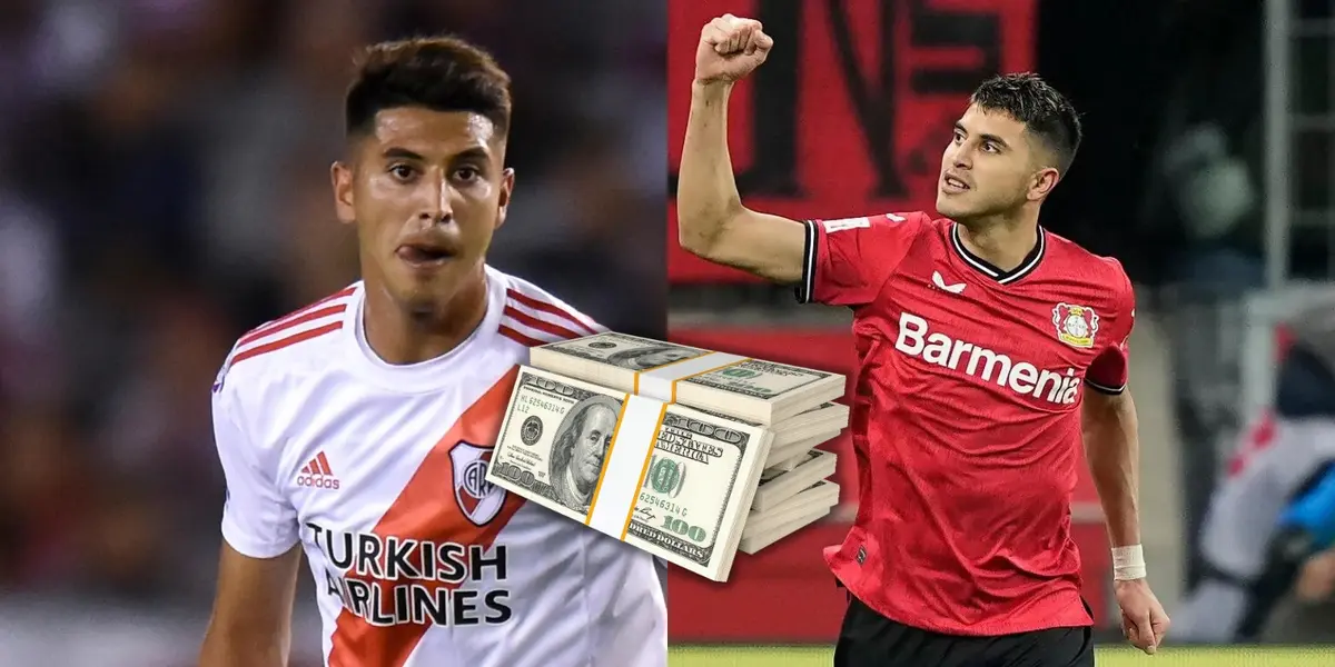 Exequiel Palacios con la camiseta de River y del Bayer Leverkusen.