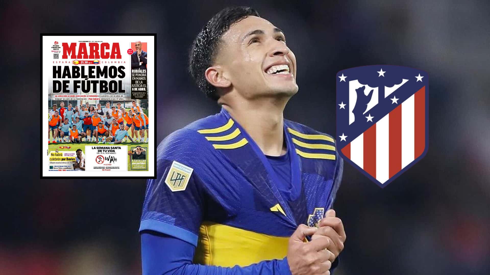 Ezequiel Fernández se toma el escudo de Boca durante un partido.