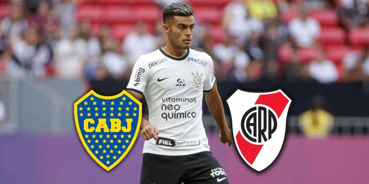 Fausto Vera junto a los escudos de Boca y River.