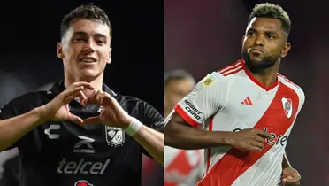 Federico Viñas y Miguel Borja con las camisetas de León y River.