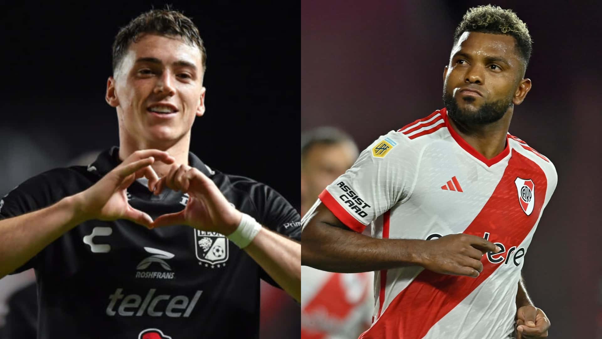 Federico Viñas y Miguel Borja con las camisetas de León y River.