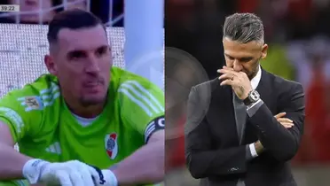 Franco Armani y Martín Demichelis en el partido de River vs Argentinos Juniors.