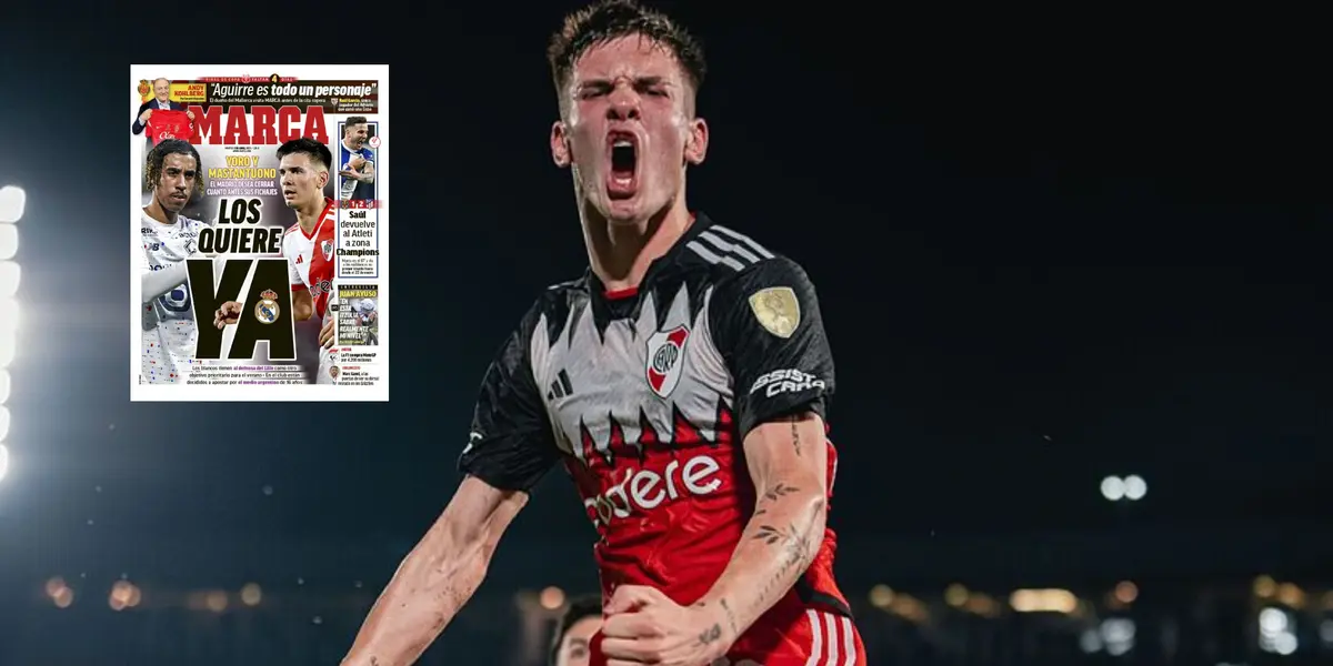 Franco Mastantuono gritando un gol con River.