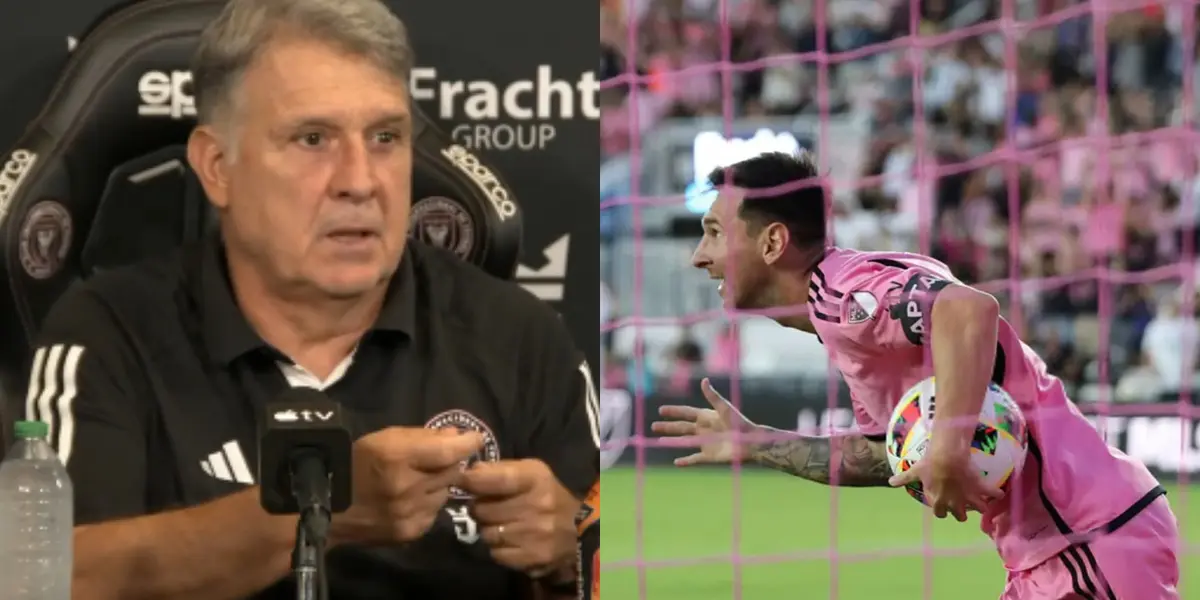 Gerardo Martino en conferencia de prensa y Messi tomando la pelota tras su gol vs St. Louis.