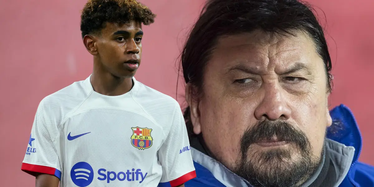 Germán Burgos con una mirada seria y Lamine Yamal con la camiseta suplente del Barcelona