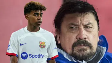 Germán Burgos con una mirada seria y Lamine Yamal con la camiseta suplente del Barcelona