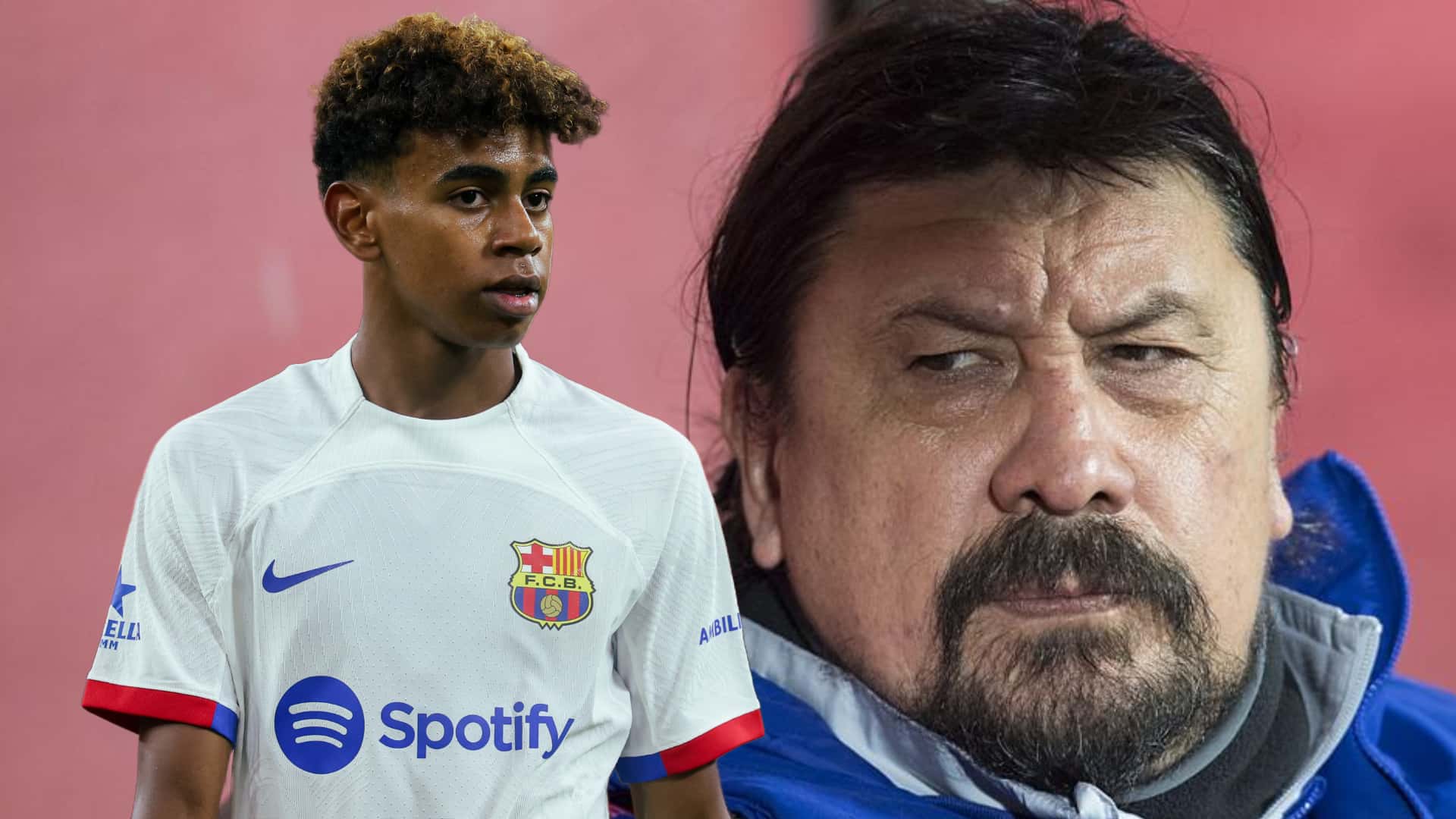 Germán Burgos con una mirada seria y Lamine Yamal con la camiseta suplente del Barcelona