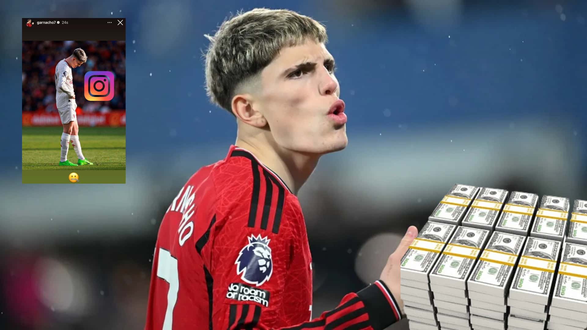 Gesto de Alejandro Garnacho con la camiseta de Manchester United.