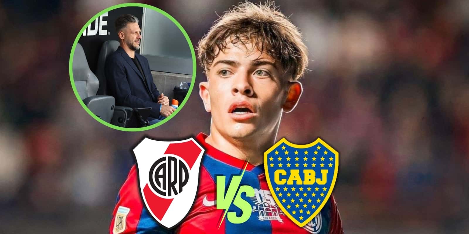 Giay junto a Demichelis y los escudos de Boca y River.