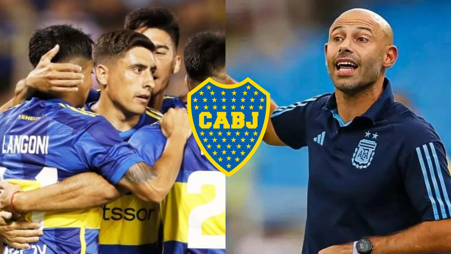 Gol de Boca y festejo a la izquierda, Mascherano dando indicaciones a la derecha.