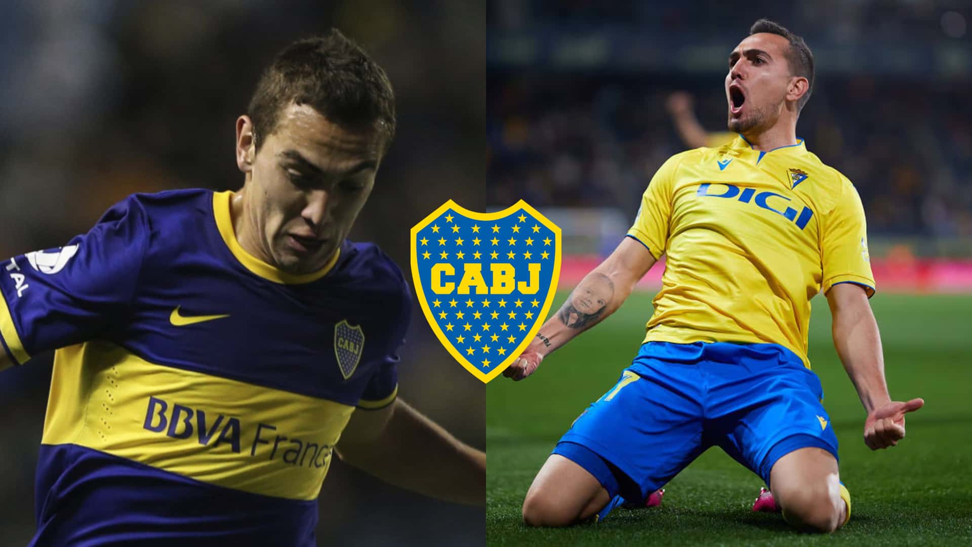Gonzalo Escalante con la camiseta de Boca (2013) y Cádiz (2024).