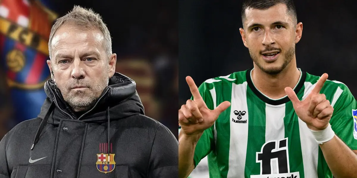 Hansi Flick con el camperón del Barcelona (editado) y Guido Rodríguez con el Betis.