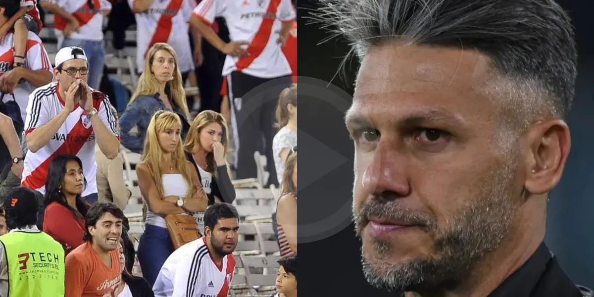 Hinchas de River reporbando en el Monumental. A su lado Martín Demichelis.