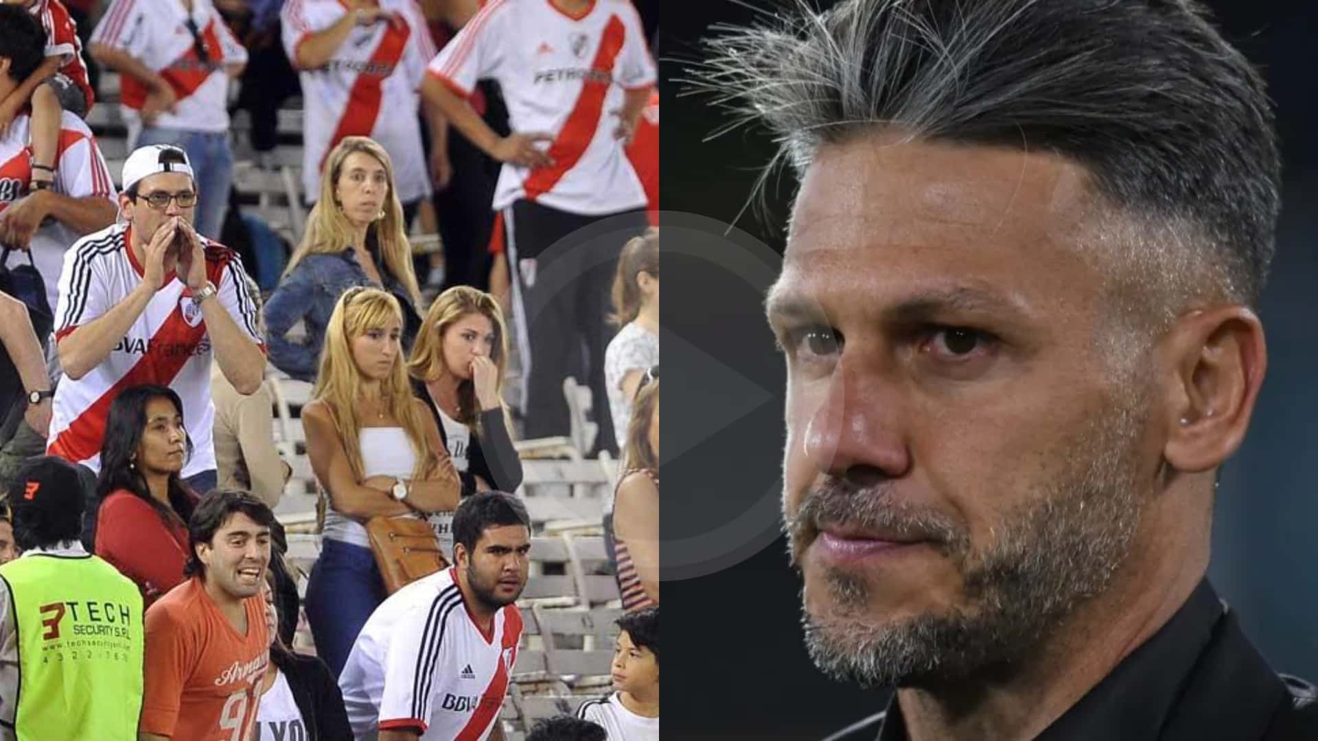 Hinchas de River reporbando en el Monumental. A su lado Martín Demichelis.