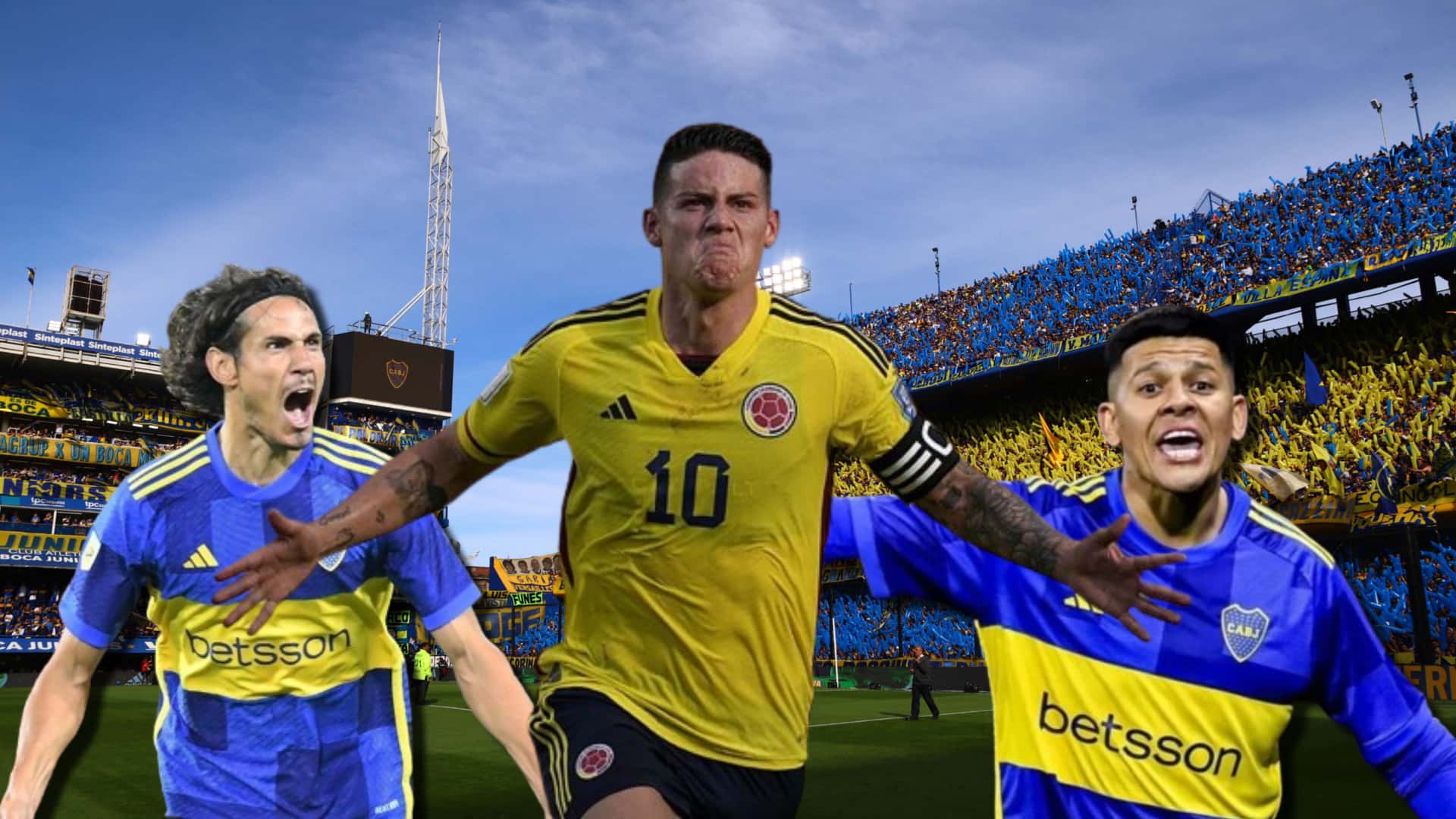 James Rodríguez celebra un gol con Cololmbia, rodeado por Cavani y Rojo.