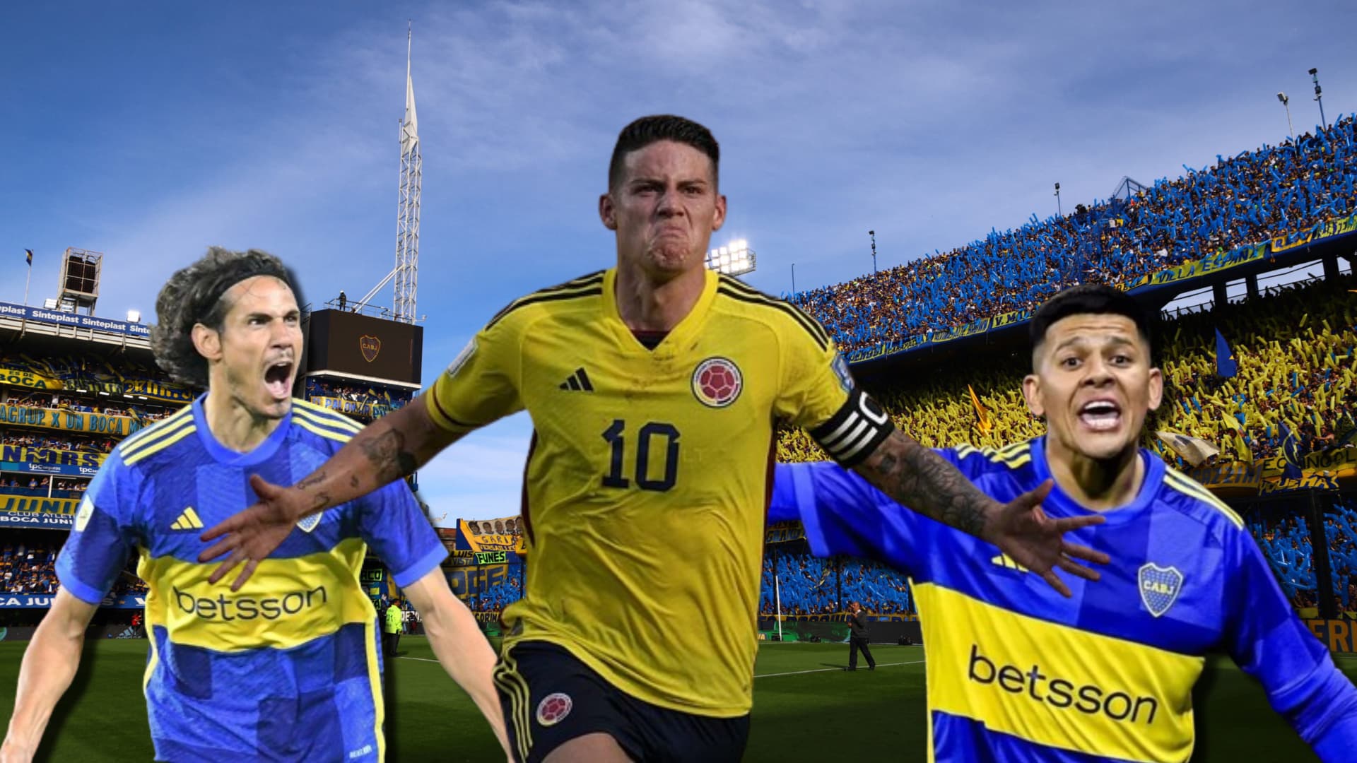 James Rodríguez celebra un gol con Cololmbia, rodeado por Cavani y Rojo.