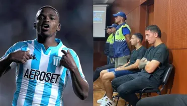 Johan Carbonero con la camiseta de Racing y dos jugadores de Vélez detenidos