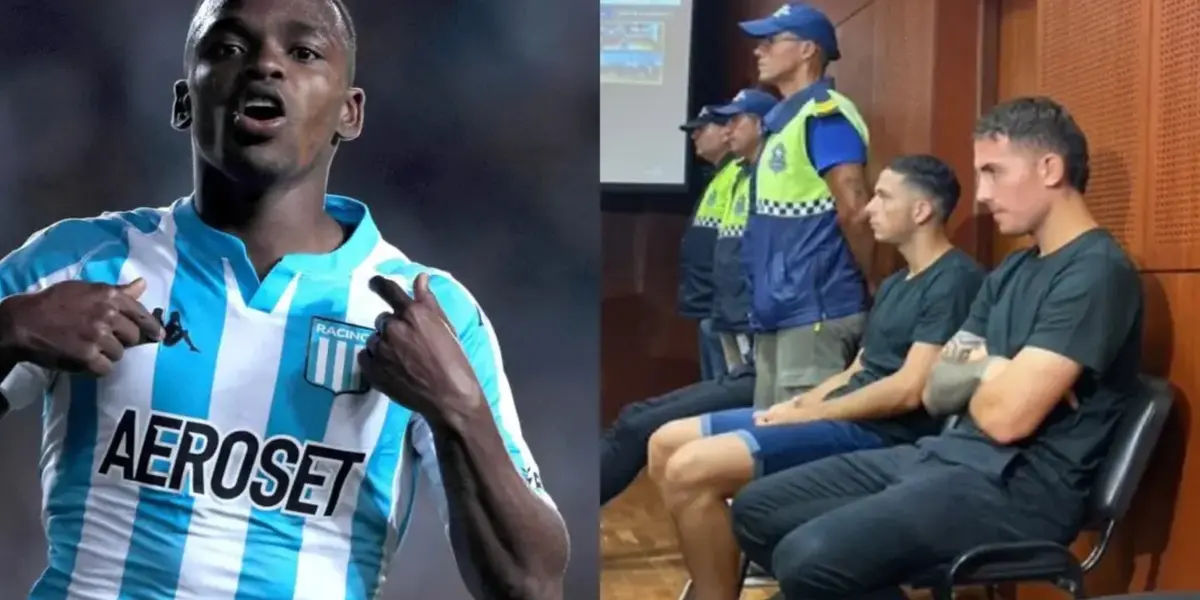 Johan Carbonero con la camiseta de Racing y dos jugadores de Vélez detenidos