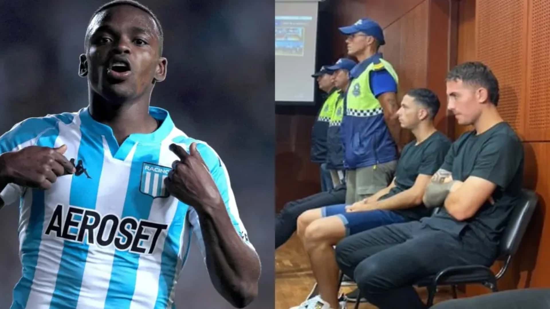 Johan Carbonero con la camiseta de Racing y dos jugadores de Vélez detenidos