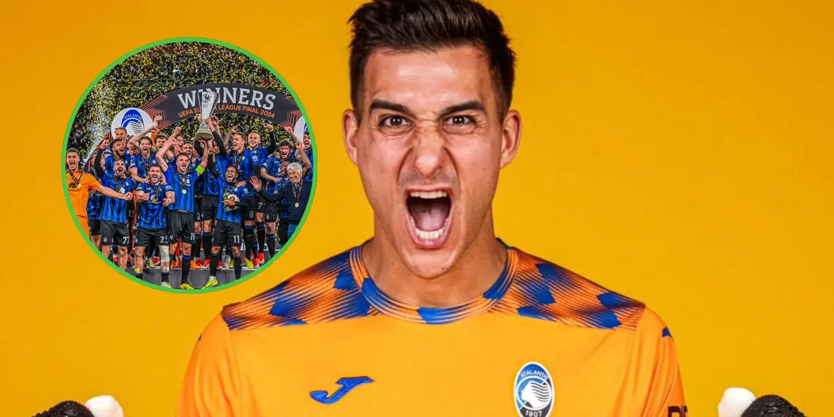 Juan Musso gritando con el buzo de arquero del Atalanta.