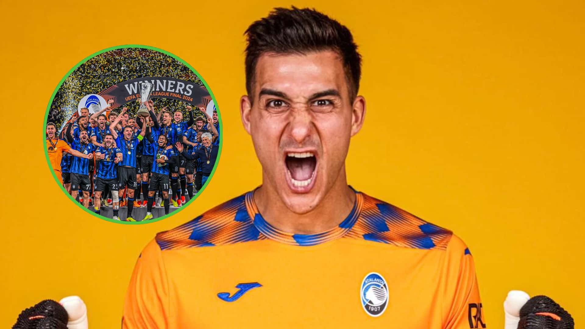 Juan Musso gritando con el buzo de arquero del Atalanta.