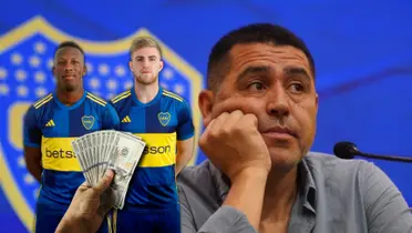 Juan Román Riquelme y los defensores de Boca, Luis Advíncula y Nicolás Valentini.