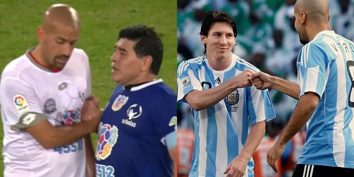 Juan Sebastián Verón junto a Diego Maradona y Lionel Messi