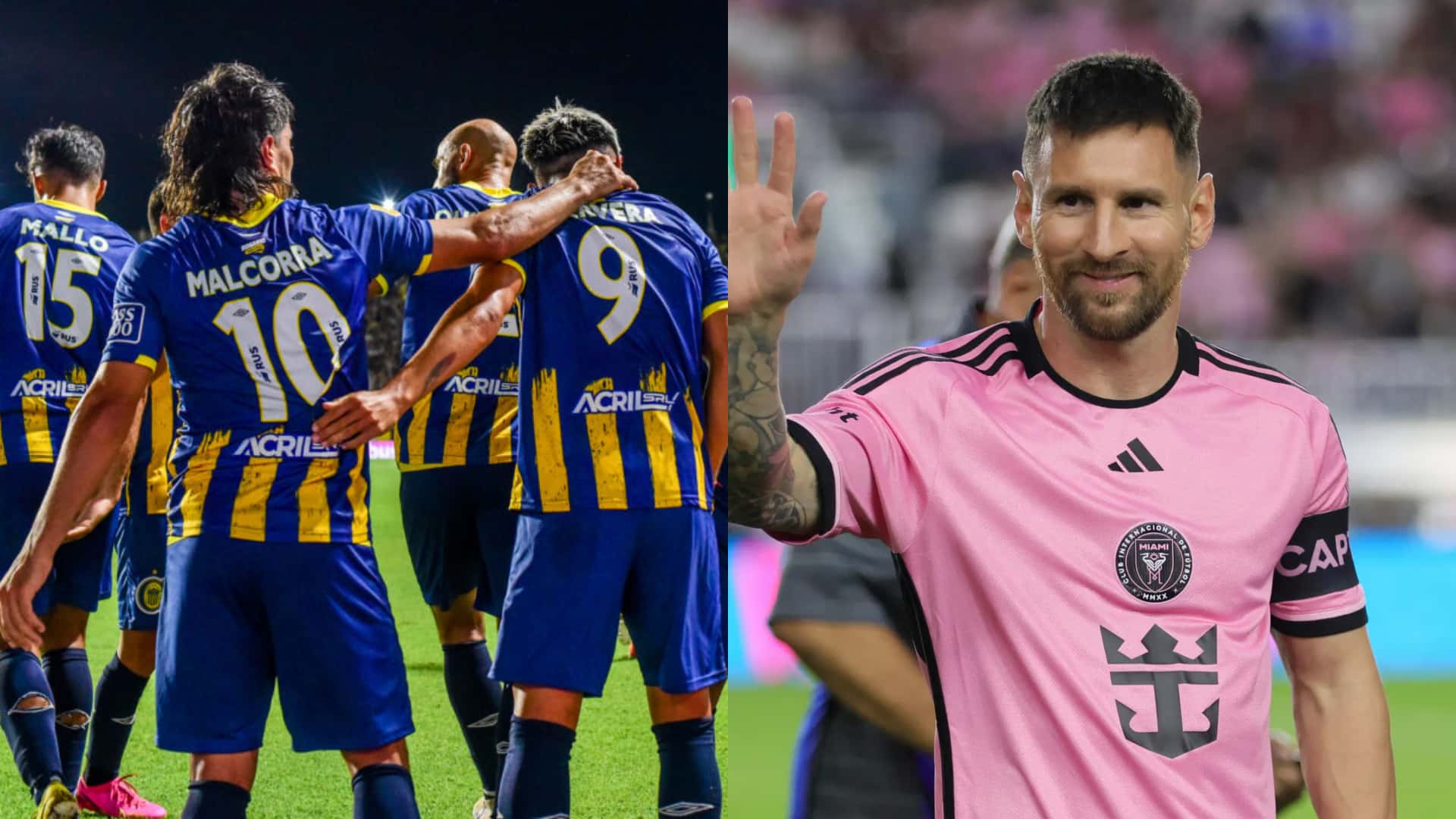 Jugadores de Central se saludan, y a su lado Lionel Messi levanta una mano.