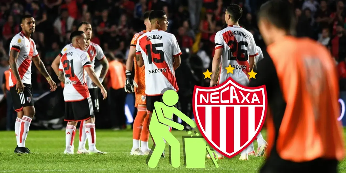 jugadores de River y el escudo del Necaxa.
