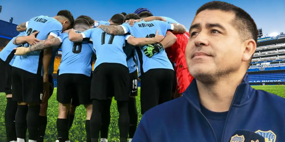 Jugadores de Uruguay y Juan Román Riquelme (Foto tomada de: Wikipedia/Boca Juniors/Uruguay)