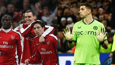 Jugadores del Arsenal festejan un gol y Emiliano Martínez a la derecha