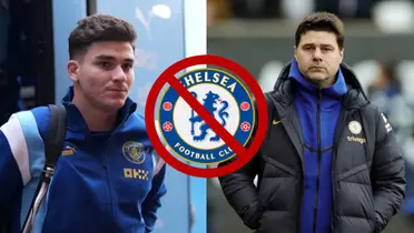 Julián Álvarez bajando del micro de Manchester City