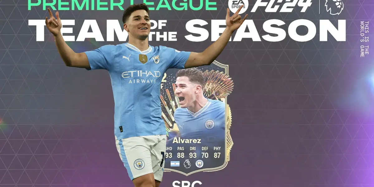 Julián Álvarez celebrando un gol con la camiseta de Manchester City