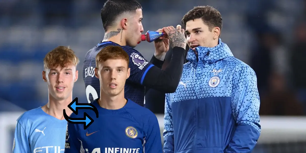 Julián Álvarez charla con Enzo Fernández después de un Chelsea - Manchester City