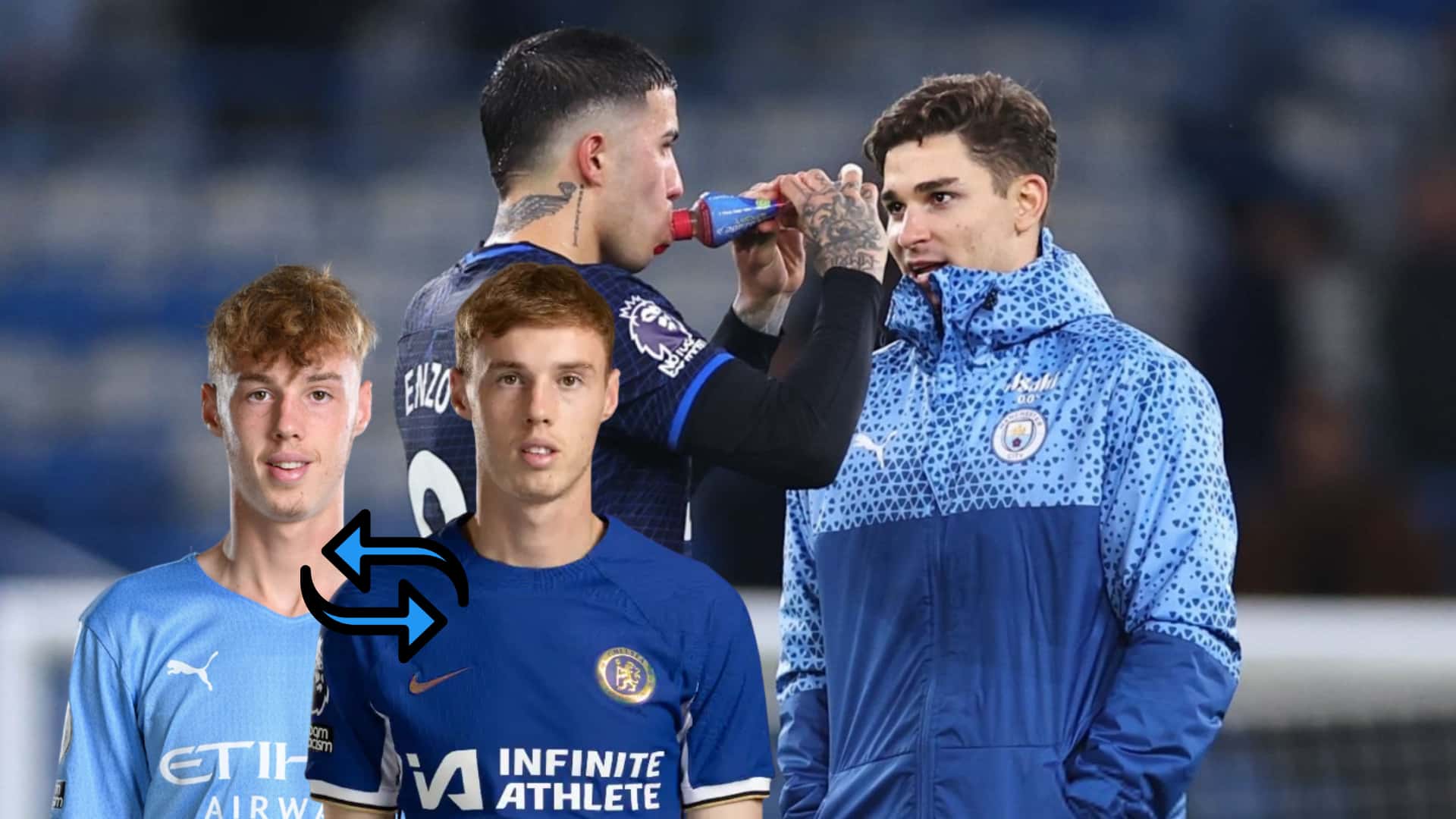 Julián Álvarez charla con Enzo Fernández después de un Chelsea - Manchester City