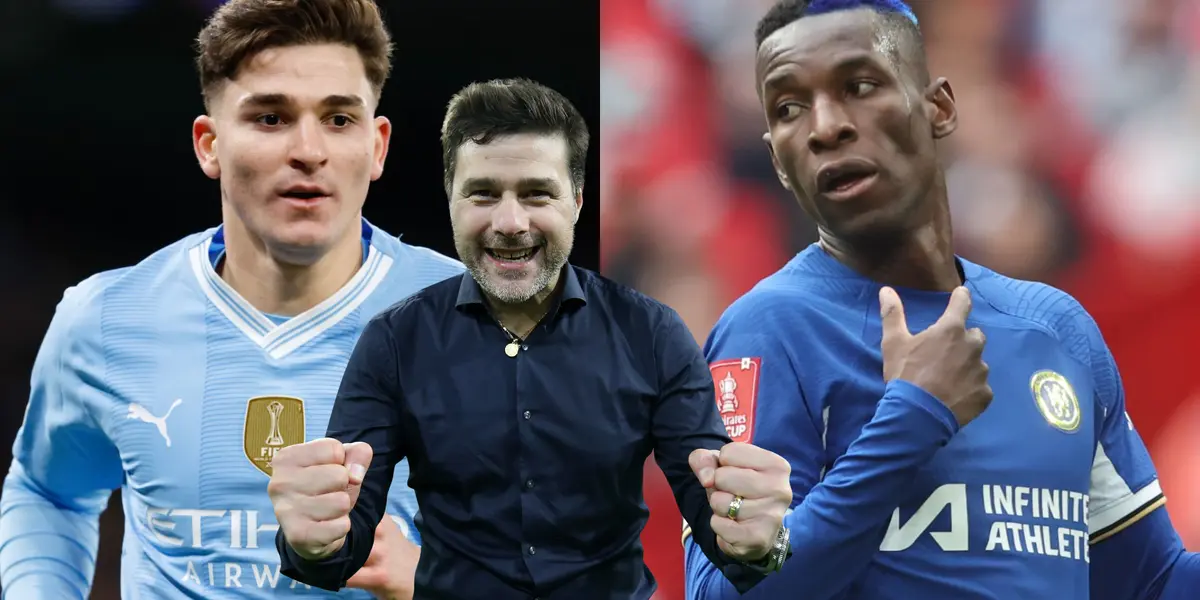 Julián Álvarez con la camiseta de Manchester City y Mauricio Pochettino feliz